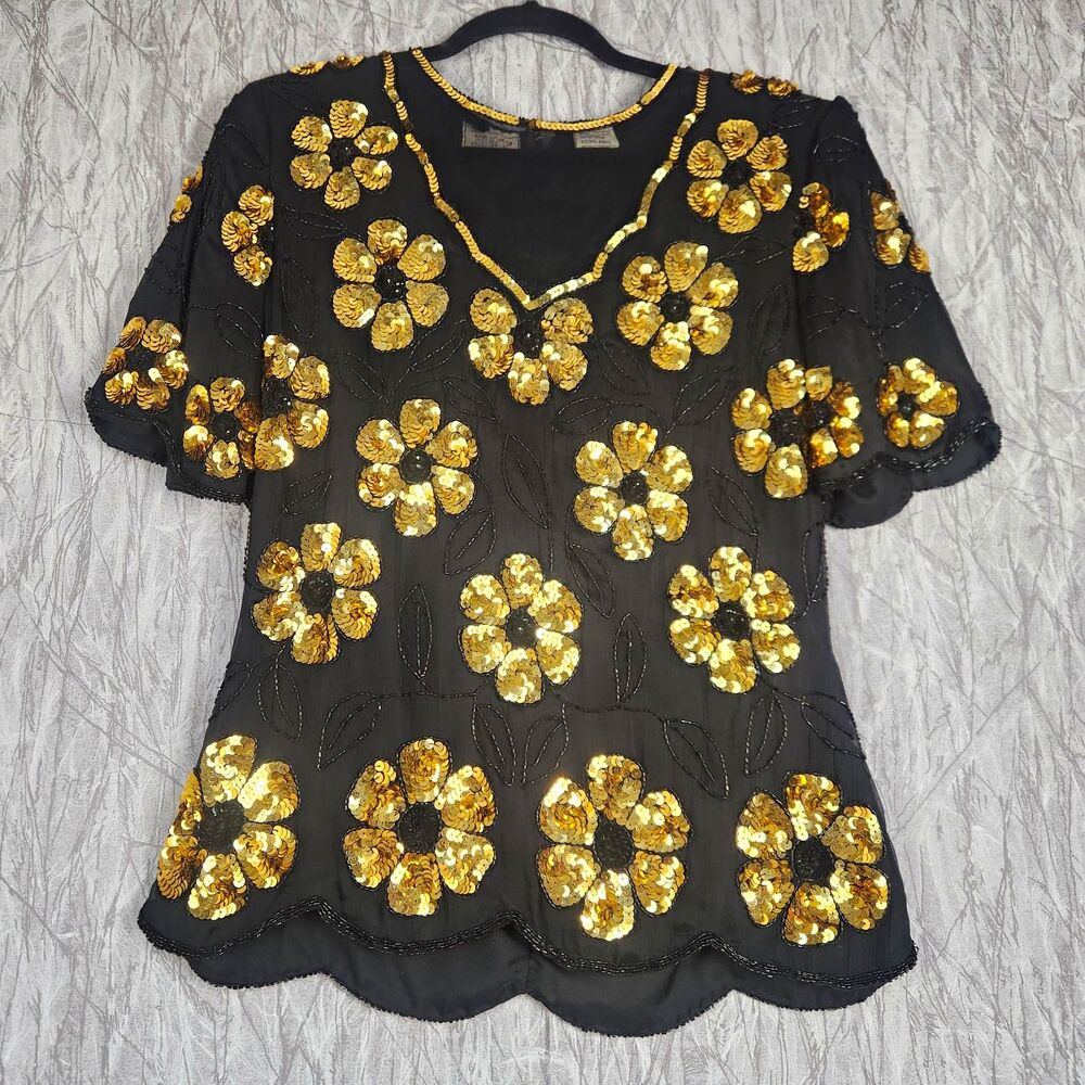 Stenay Women's Black Silk Chiffon Blouse Gold Sequin Floral V-Neck Sz L
